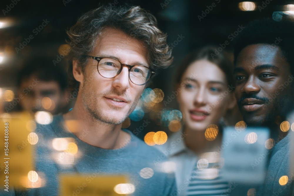 Three friends stand together in an urban setting, illuminated by soft lights. They are engaged as they look at a colorful display filled with notes and items.