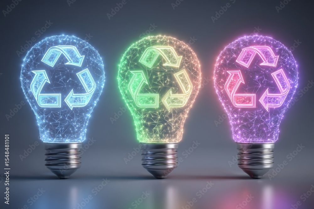 Three glowing light bulbs display a digital recycling symbol, emphasizing innovation in sustainable energy. The bulbs are illuminated in blue, green, and pink colors, creating a vibrant visual.