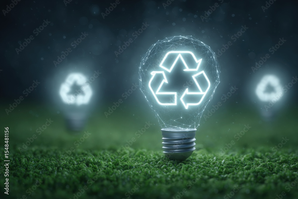 Three illuminated light bulbs with a digital recycling symbol shine brightly amidst lush green grass at night. This captivating scene highlights innovative ideas for sustainable energy.