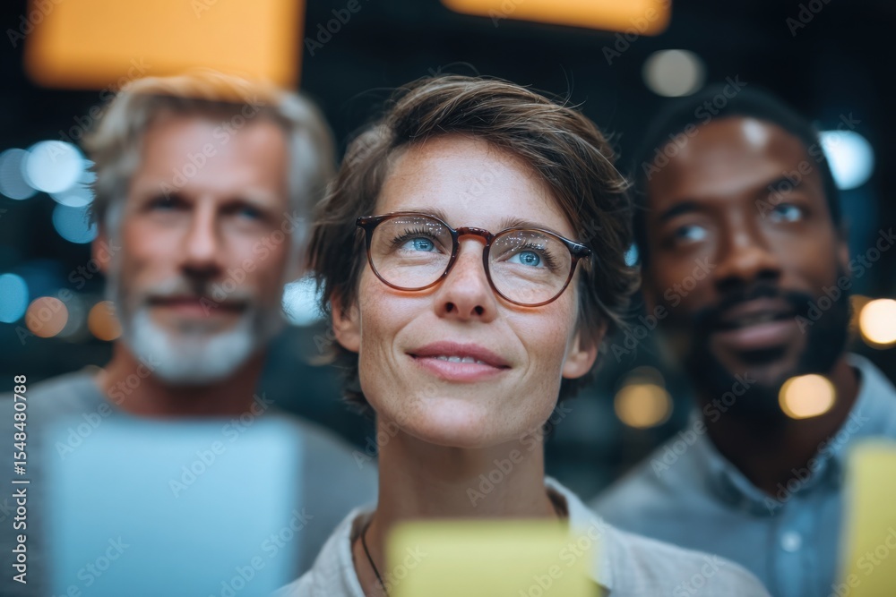 Three individuals focus on colorful sticky notes in a contemporary office setting, engaged in teamwork and creative brainstorming. Their expressions show concentration and collaboration as ideas flow.