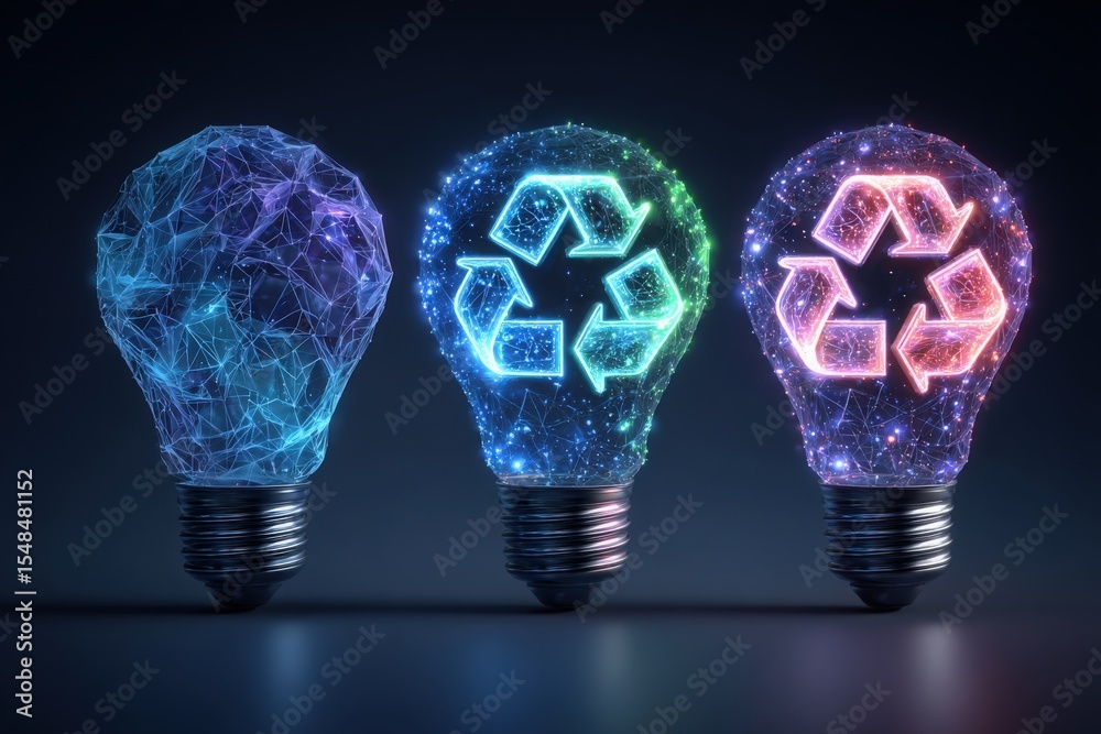 Three light bulbs display vibrant designs representing recycling symbols. Each bulb features a unique color scheme, showcasing creativity in sustainable energy solutions.