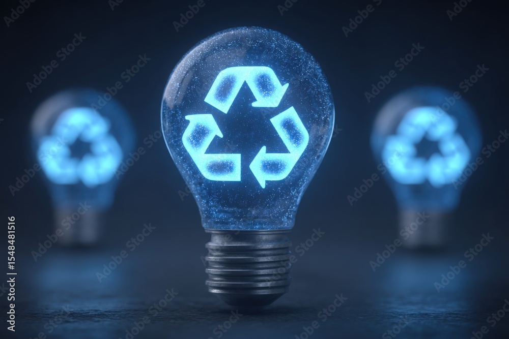 Three light bulbs glow with prominent recycle symbols, emphasizing the importance of sustainability and eco-friendly practices.