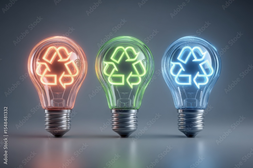 Three light bulbs with recycling symbols glow in orange, green, and blue, representing eco-friendly practices.