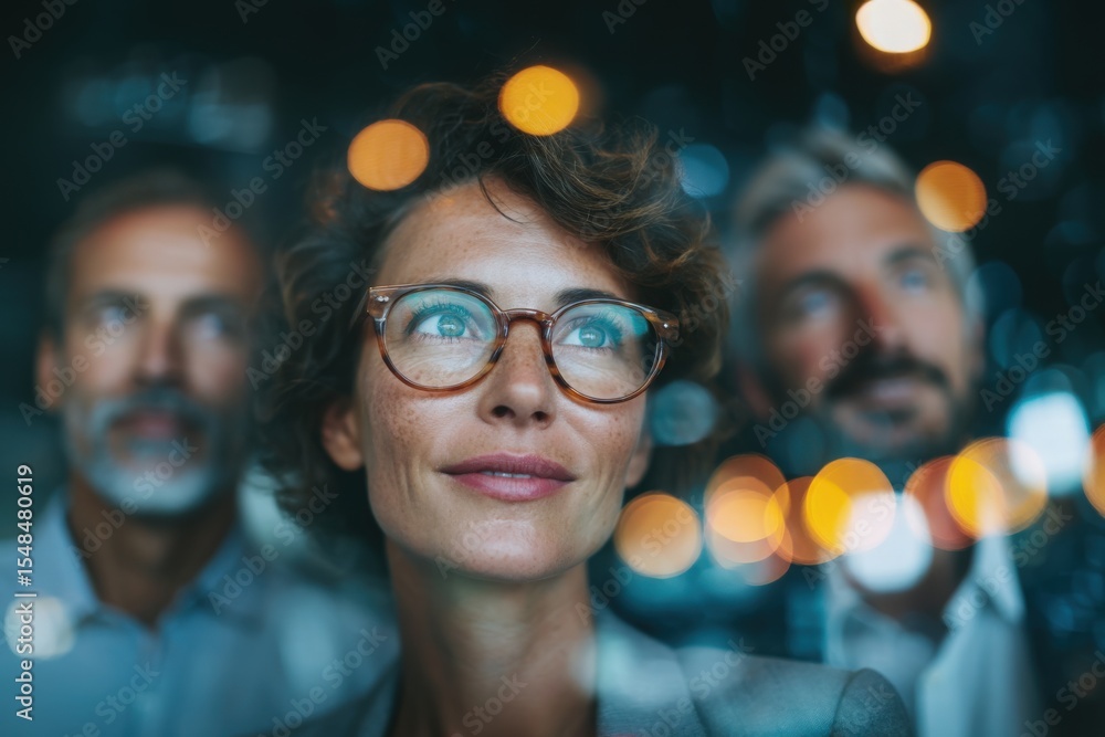 Three professionals stand close together, gazing out a large window. They appear thoughtful, illuminated by soft city lights at night, suggesting a moment of reflection and connection.