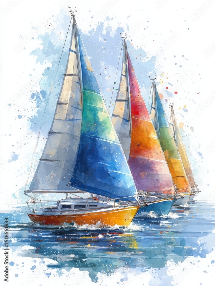 Three sailboats with bright sails navigate tranquil waters, reflecting vivid colors. The scene captures a sunny day, ideal for sailing, surrounded by splashes of watercolor for an artistic touch.
