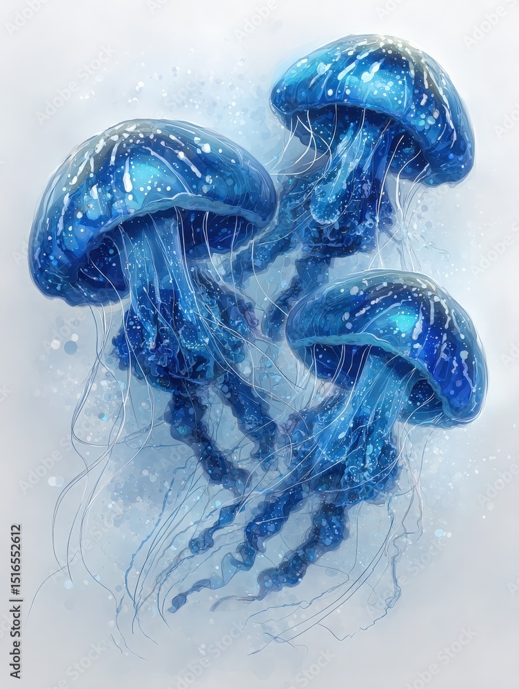 Three vibrant blue jellyfish float through the water, their tentacles trailing behind them. The sunlight illuminates their translucent bodies, creating a mesmerizing underwater display.
