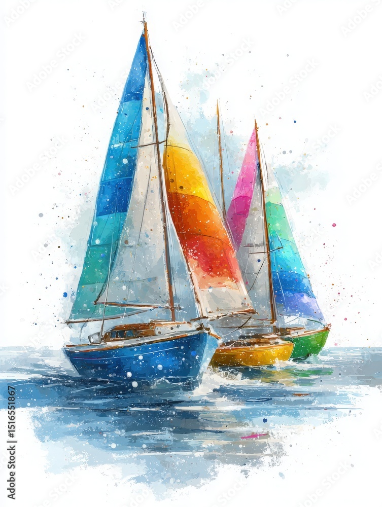 Three vibrant sailboats with colorful sails glide across a calm water surface, creating a lively atmosphere. The backdrop features soft blue hues, enhancing the energetic scene of racing.