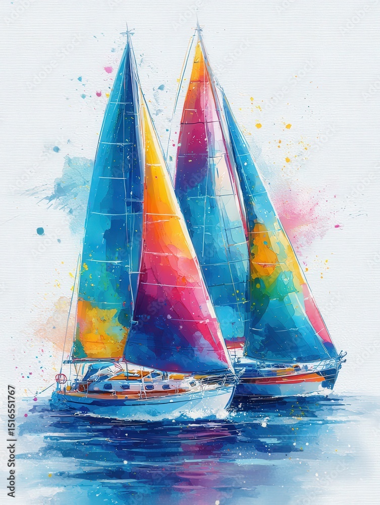 Two brightly colored sailboats glide smoothly across tranquil waters, their sails illuminated in vivid hues by the setting sun. The surrounding atmosphere is vibrant and artistic.