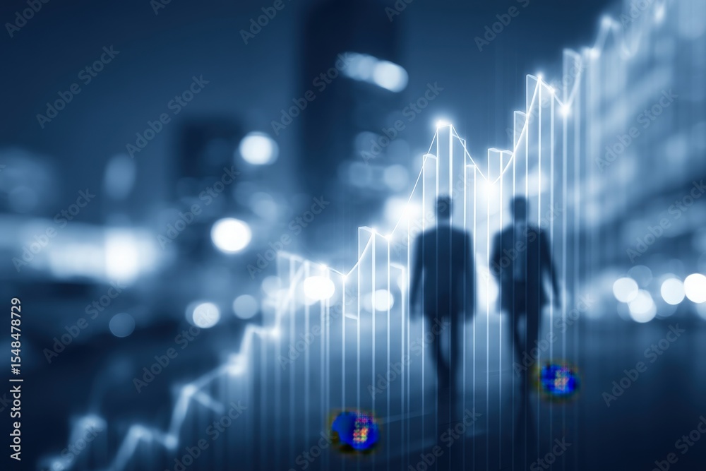 Two business professionals dressed in suits walk confidently along a city street at night. A digital financial graph overlays the scene, highlighting upward movement in a bustling urban environment.