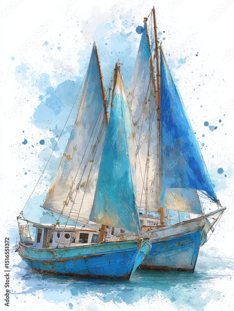 Two classic sailboats with bright blue sails rest side by side in clear turquoise waters. The sun casts a warm glow, enhancing the boats weathered wooden details and playful splashes of color.