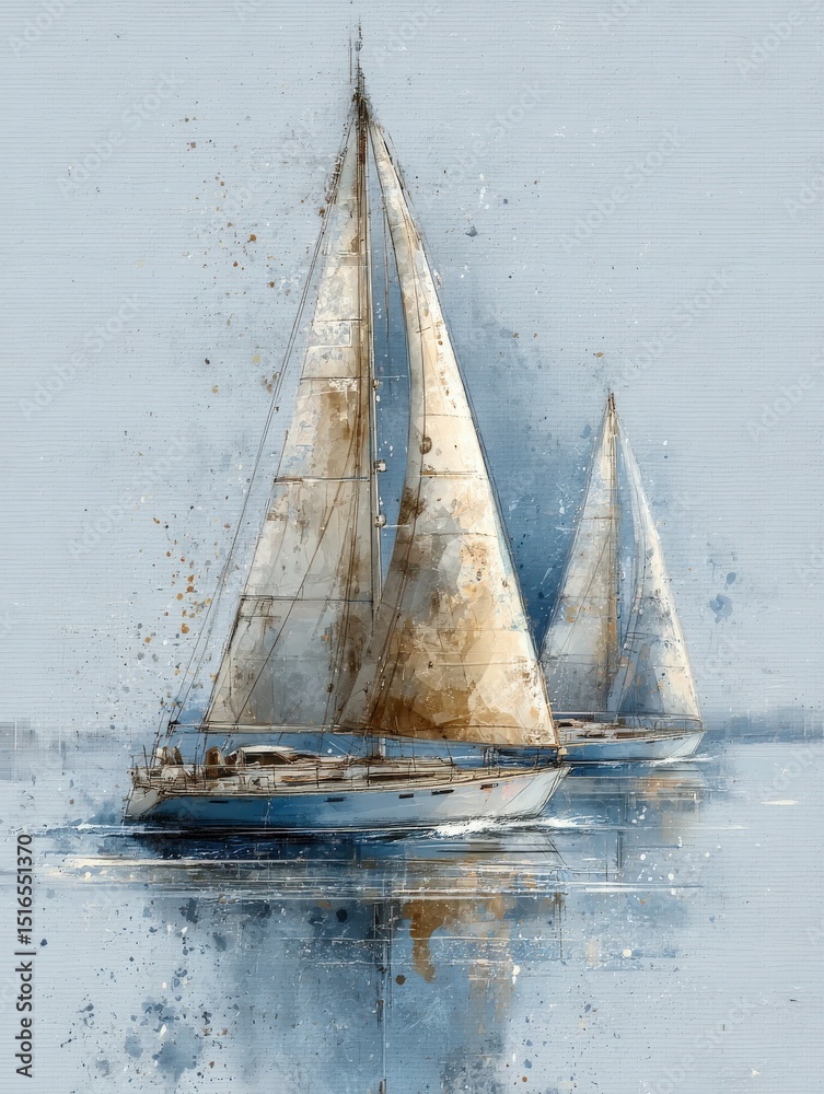 Two elegant sailing boats navigate calm waters, their white sails billowing gently. Soft blues and earthy tones create a peaceful atmosphere, evoking a sense of tranquility and relaxation.