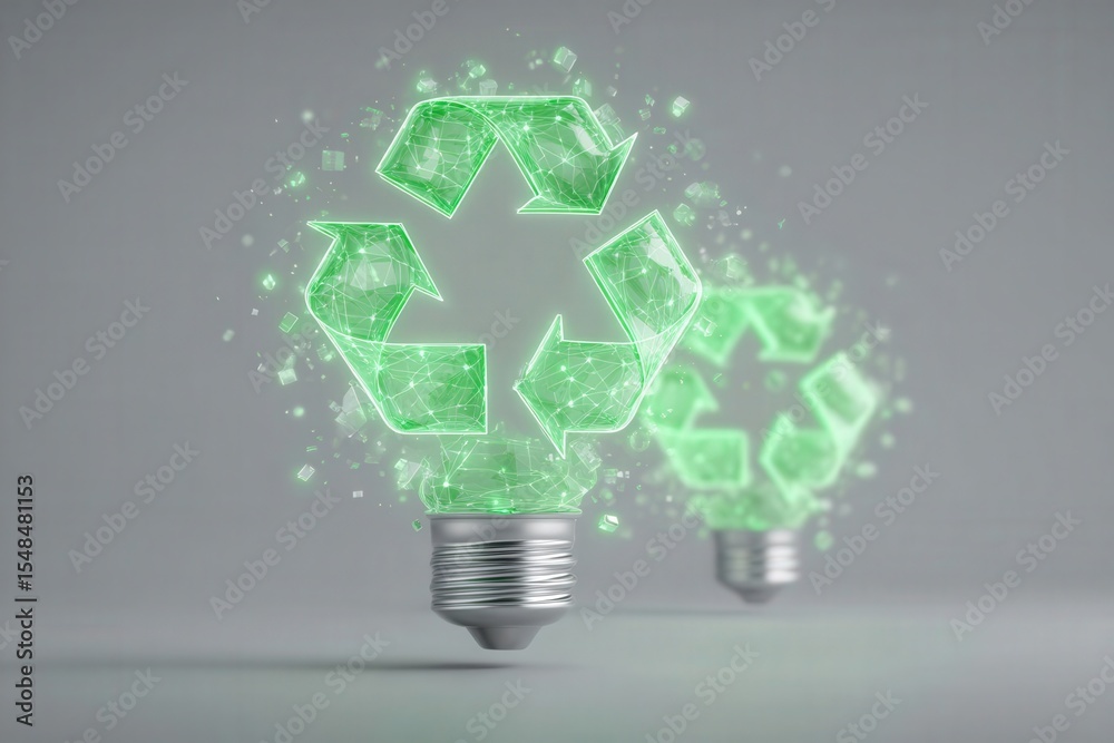 Two light bulbs feature a glowing green recycling symbol, highlighting the importance of sustainability. The design emphasizes eco-friendliness and energy conservation in modern living.