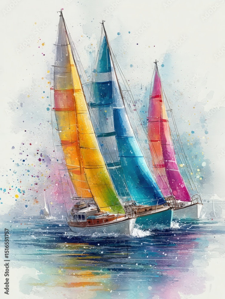 Two sailboats with vibrant sails glide across tranquil waters. The background is filled with splashes of color, depicting a lively and sunny atmosphere during a sailing event.