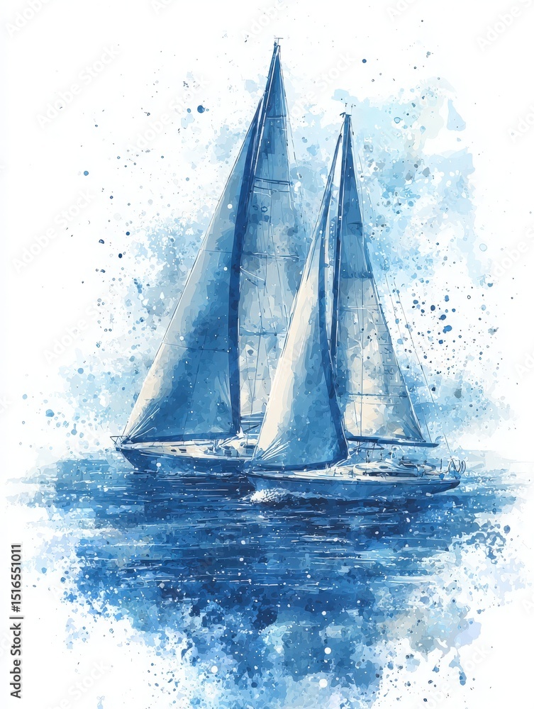 Two sailboats with white sails sail smoothly across calm waters. The scene captures a serene moment with shades of blue and splashes adding to the tranquil atmosphere.