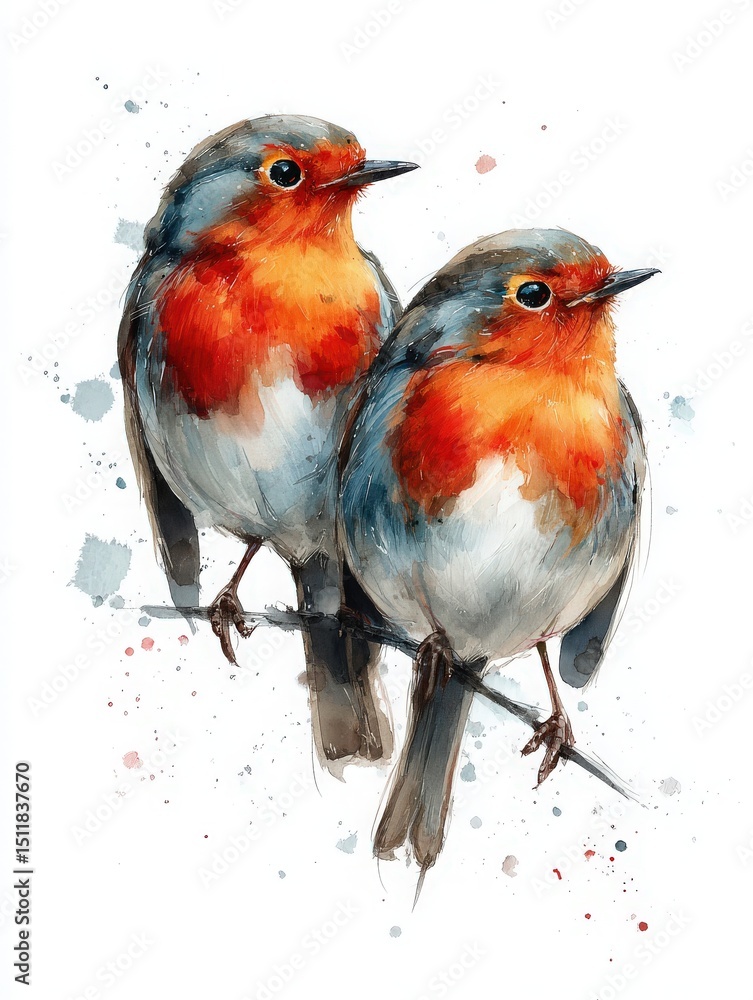 Two vibrant robins cling to a thin branch, their bright orange and blue feathers striking against the soft background.