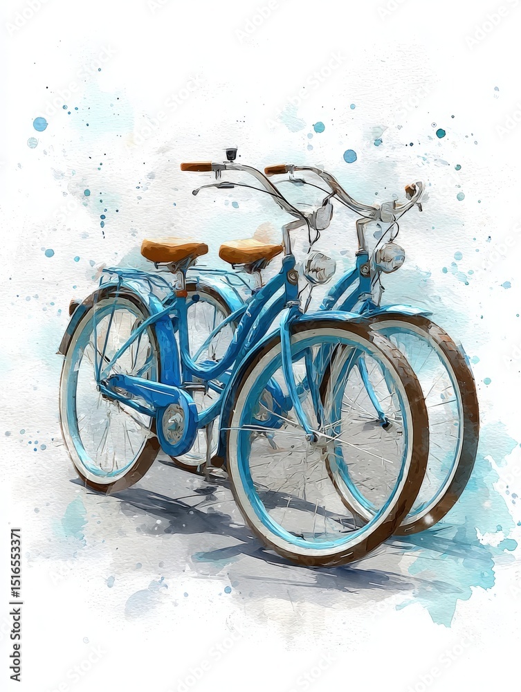 Two vintage blue bicycles are parked side by side, featuring brown leather seats and shining chrome details. The background consists of colorful watercolor splashes, creating a lively atmosphere.