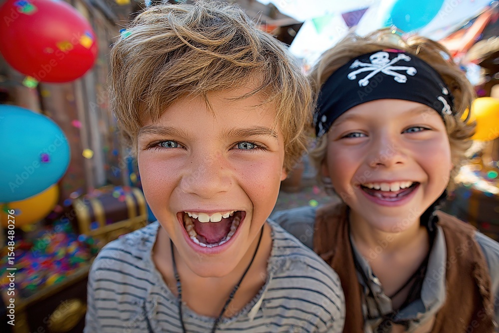 Two young boys are laughing and smiling at a pirate-themed party. They wear playful costumes and are surrounded by bright balloons and festive decorations, capturing a moment of pure joy.