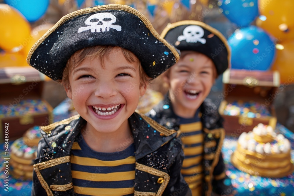 Two young children, dressed as pirates, smile brightly at a colorful birthday party. They are surrounded by balloons, cakes, and treasure chests, creating a lively festive atmosphere.
