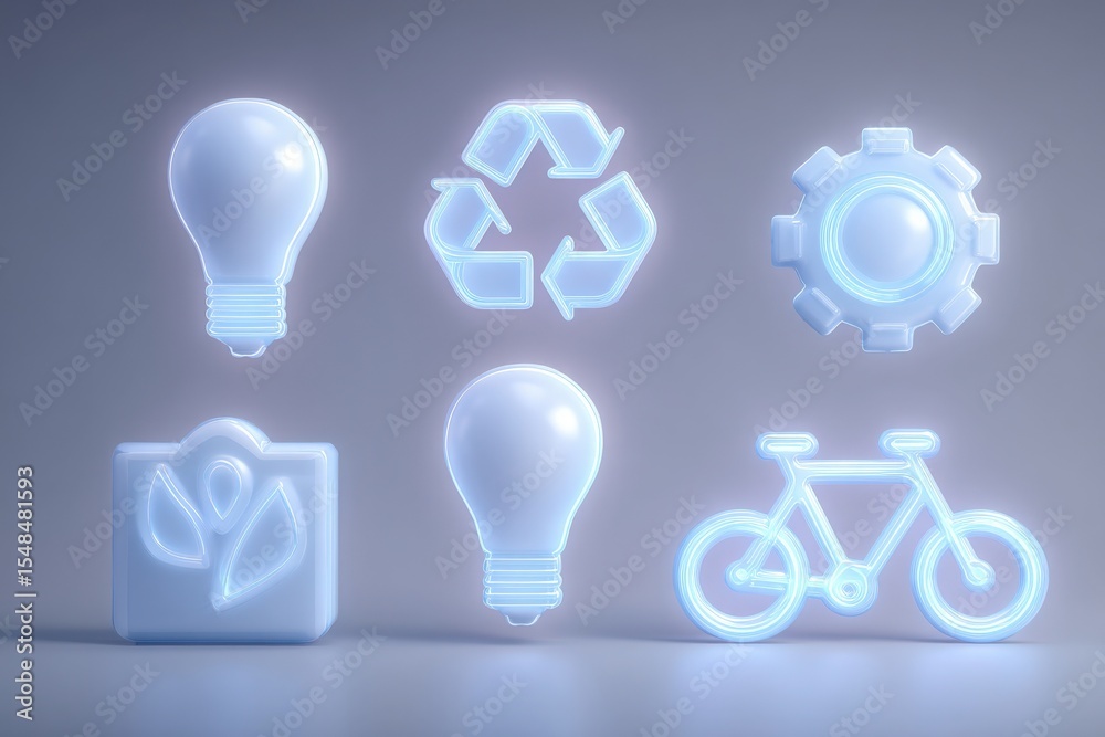 Various glowing icons illustrate themes of sustainability, featuring light bulbs, a recycling symbol, a gear, and a bicycle. The elements are creatively arranged against a soft grey backdrop.