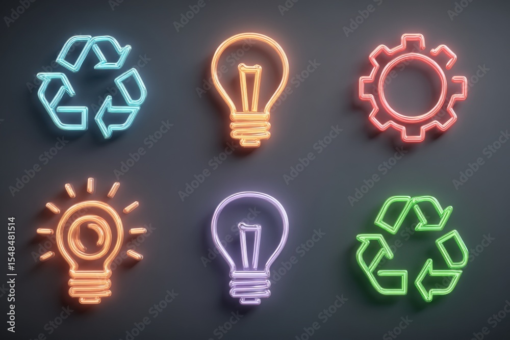 Various neon signs illustrate recycling symbols, light bulbs, and a gear on a dark backdrop. The colorful elements emphasize energy-saving and sustainable practices in a visually striking way.