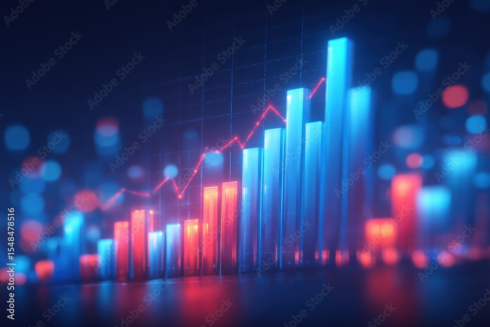 Vibrant bars represent various data points in red and blue, illustrating a rise in metrics.