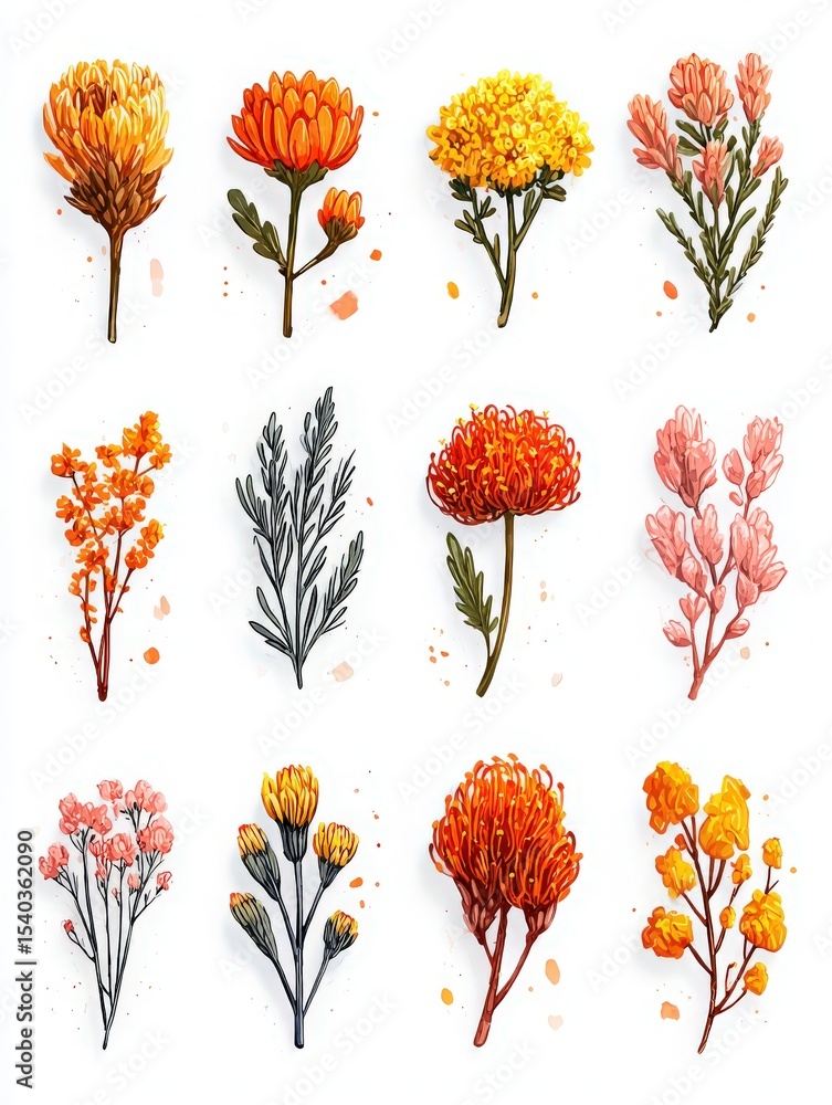 Vibrant illustration showcases a variety of autumn flowers, featuring shades of orange, yellow, and red.