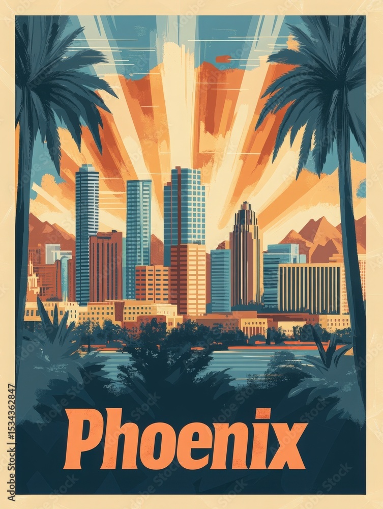 Vibrant sunset colors fill the sky above the Phoenix skyline, showcasing towering buildings and mountain silhouettes. Palm trees frame the scene, highlighting the citys warm climate and urban charm.