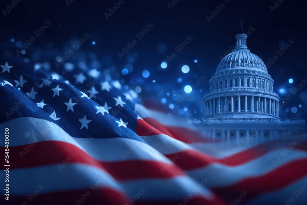 Waves of an American flag in the foreground with the Capitol building illuminated against a dark sky. The scene represents patriotism and the essence of democracy at night.