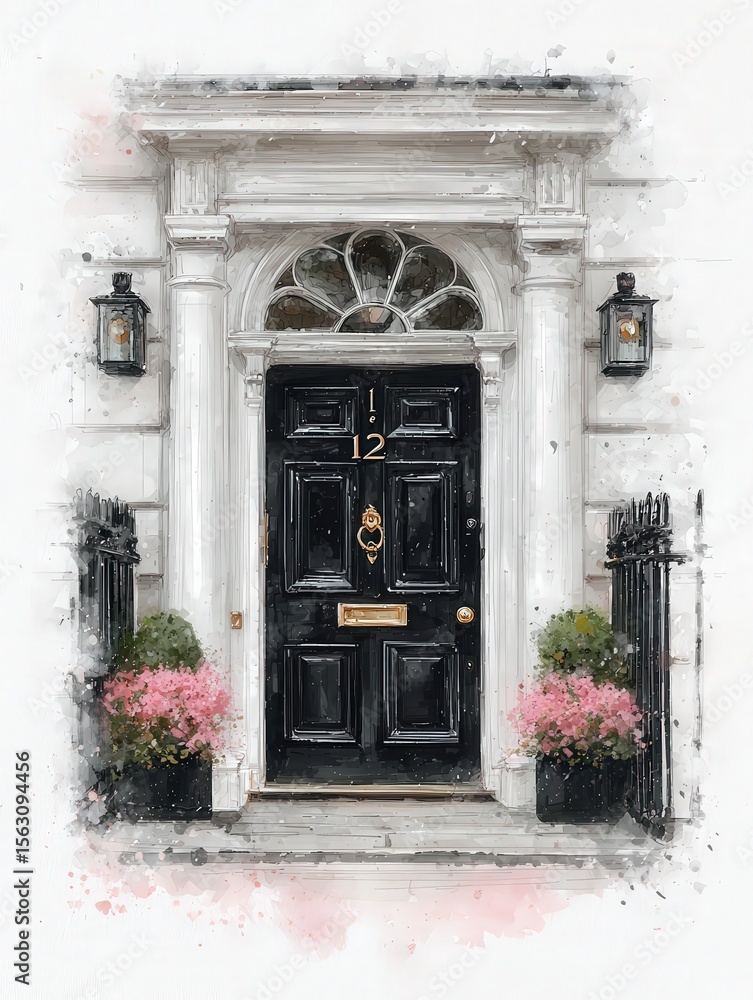 A beautiful black door stands at number 12, surrounded by vibrant flower pots. Stylish lanterns illuminate the entrance, showcasing classic architectural details in a lovely neighborhood.