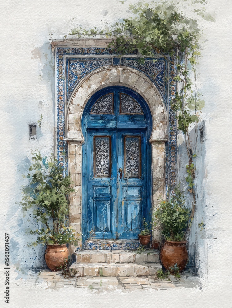 A beautiful blue door frames a charming entrance, decorated with detailed tiles and surrounded by lush greenery in terracotta pots. This scene captures the peaceful atmosphere of a quaint courtyard.