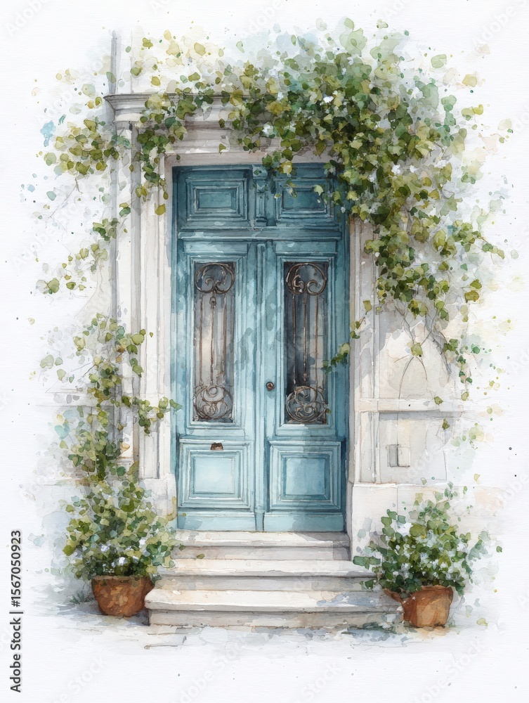 A beautiful blue door stands impressively, embraced by vibrant green vines and blooming plants. The setting is tranquil and picturesque, evoking a sense of peace and charm.