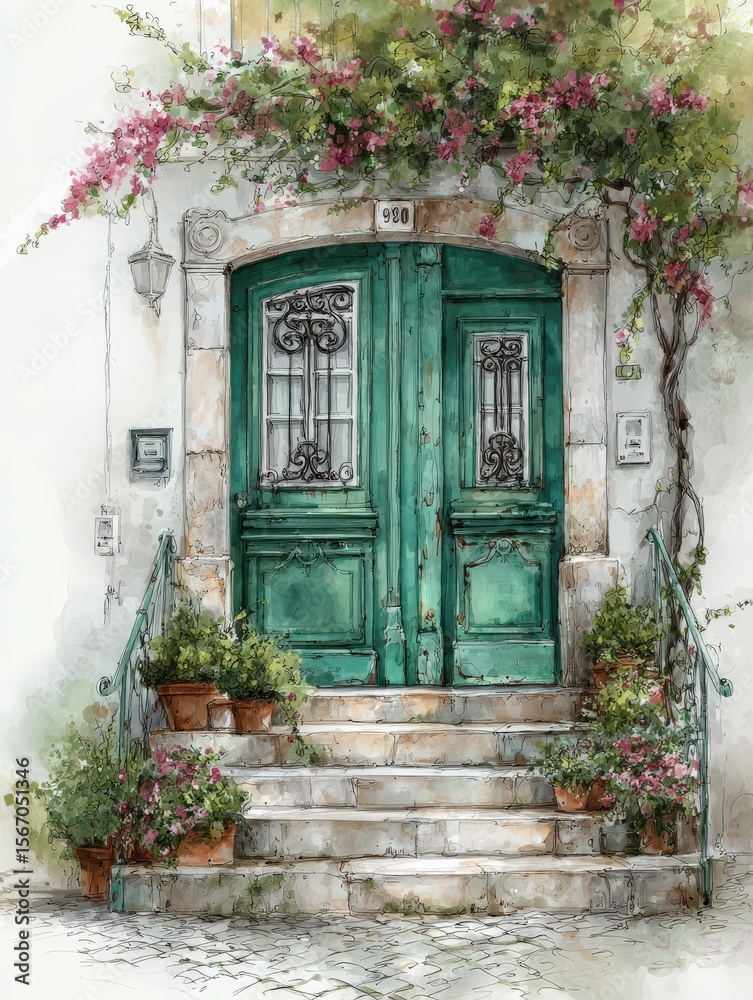 A beautiful entrance features green double doors on a stone staircase, adorned with blooming flowers. Vibrant colors and rustic charm create an inviting atmosphere in this picturesque spot.