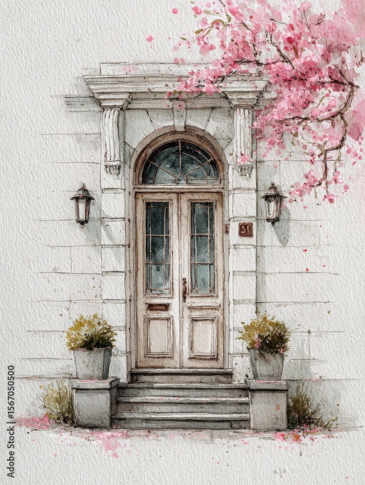 A beautiful entrance showcases a pair of wooden doors flanked by elegant lanterns. Pink blossoms adorn the nearby tree, enhancing the serene atmosphere of this lovely springtime setting.