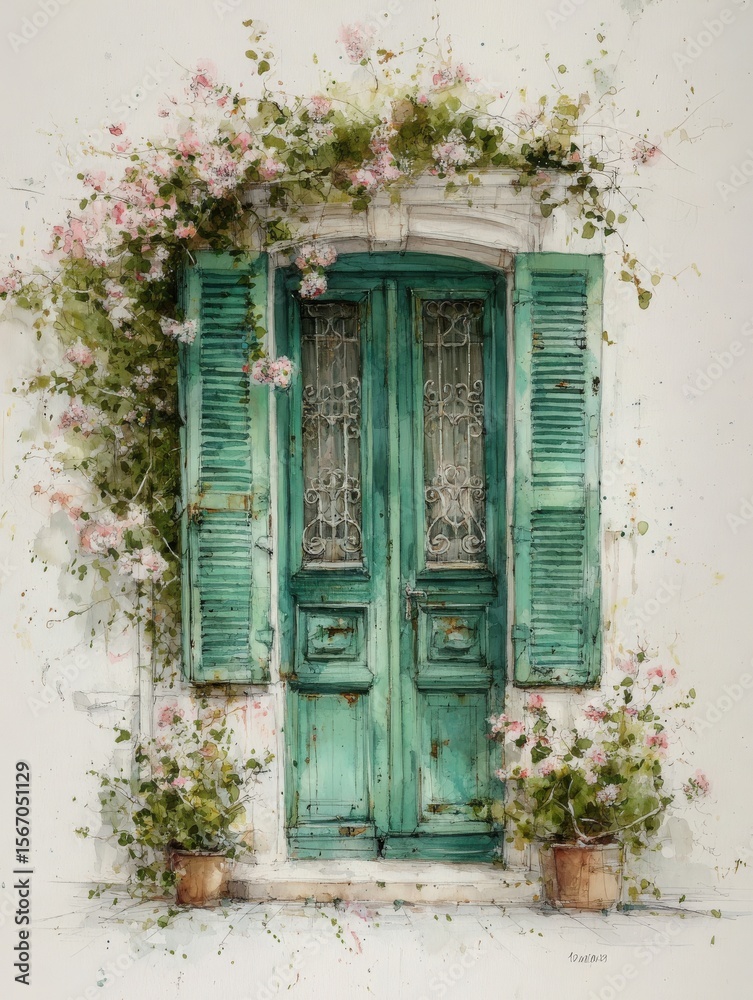 A beautiful green double door adorned with intricate wrought iron details sits against a white wall, surrounded by vibrant flowers and potted plants. This tranquil scene exudes a peaceful atmosphere.