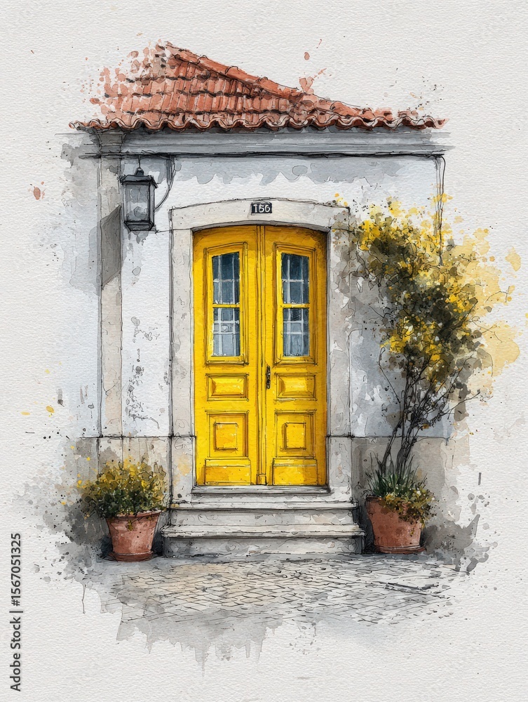 A beautiful pair of yellow doors stands out against a white wall, framed by pots of blooming plants. The rustic building features a tiled roof and an inviting lantern, adding charm to the entrance.