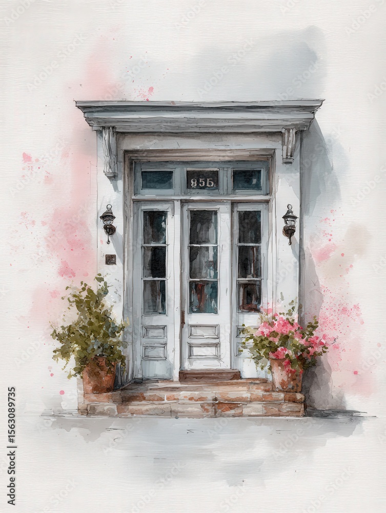 A beautiful white door framed by large windows opens to a welcoming entrance. Flower pots with pink blooms add a splash of color to the simple yet elegant architecture.