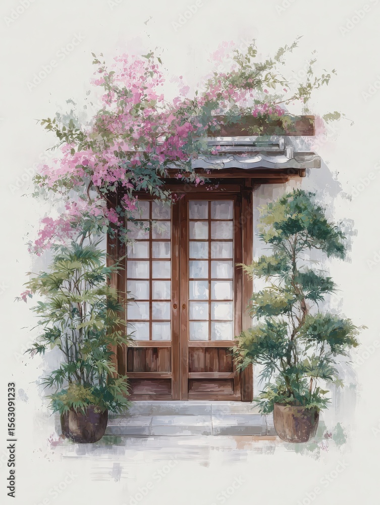 A beautiful wooden door framed by vibrant flowering plants and lush greenery creates a serene entrance. The peaceful ambiance invites admiration of the natural beauty surrounding the doorway.