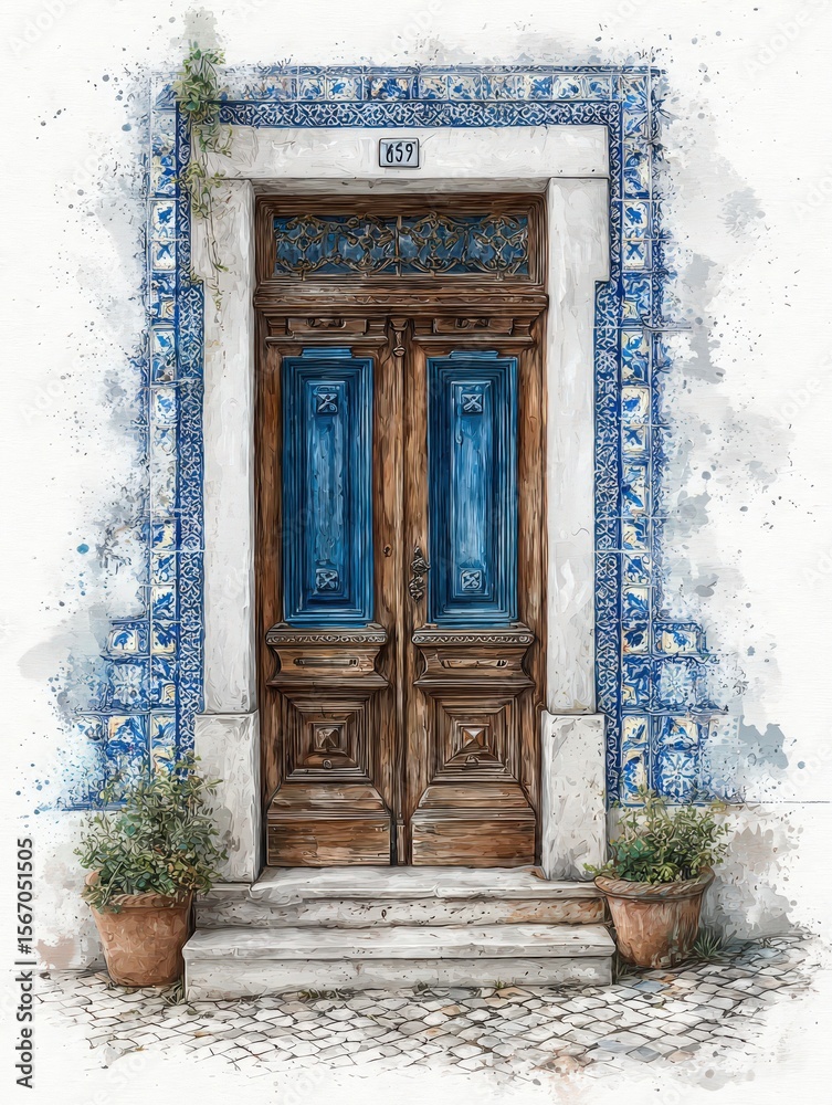 A beautiful wooden door with intricate designs stands at the center, surrounded by blue tiled patterns. Potted plants add greenery, enhancing the welcoming atmosphere of the location.