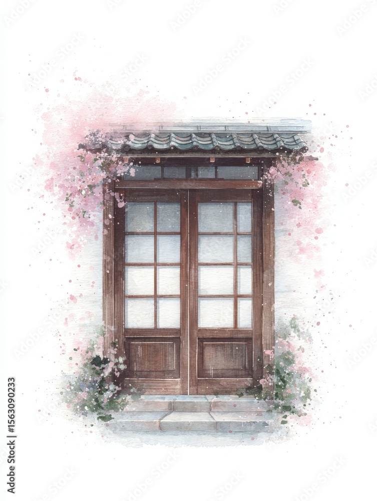 A beautiful wooden double door is framed by delicate pink cherry blossom petals. Surrounding greenery enhances the tranquil atmosphere, suggesting a peaceful entrance to a quaint dwelling.