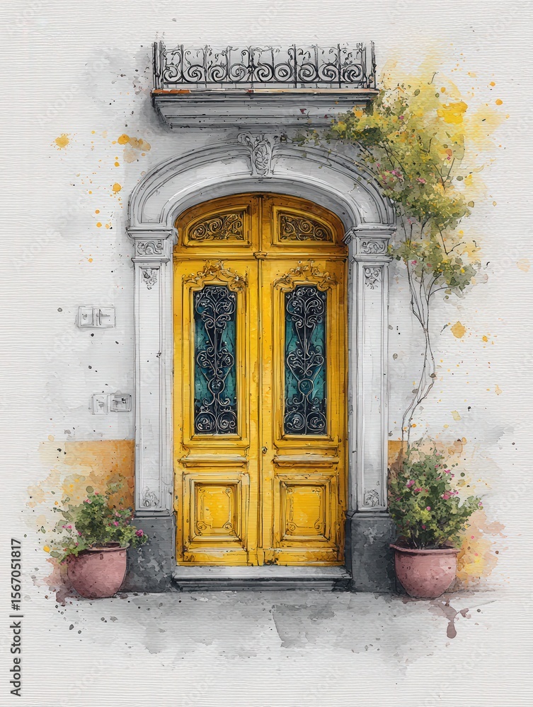 A beautiful yellow door features ornate black iron detailing and is flanked by vibrant potted plants. The setting is warm and inviting, showcasing a blend of colors and textures.