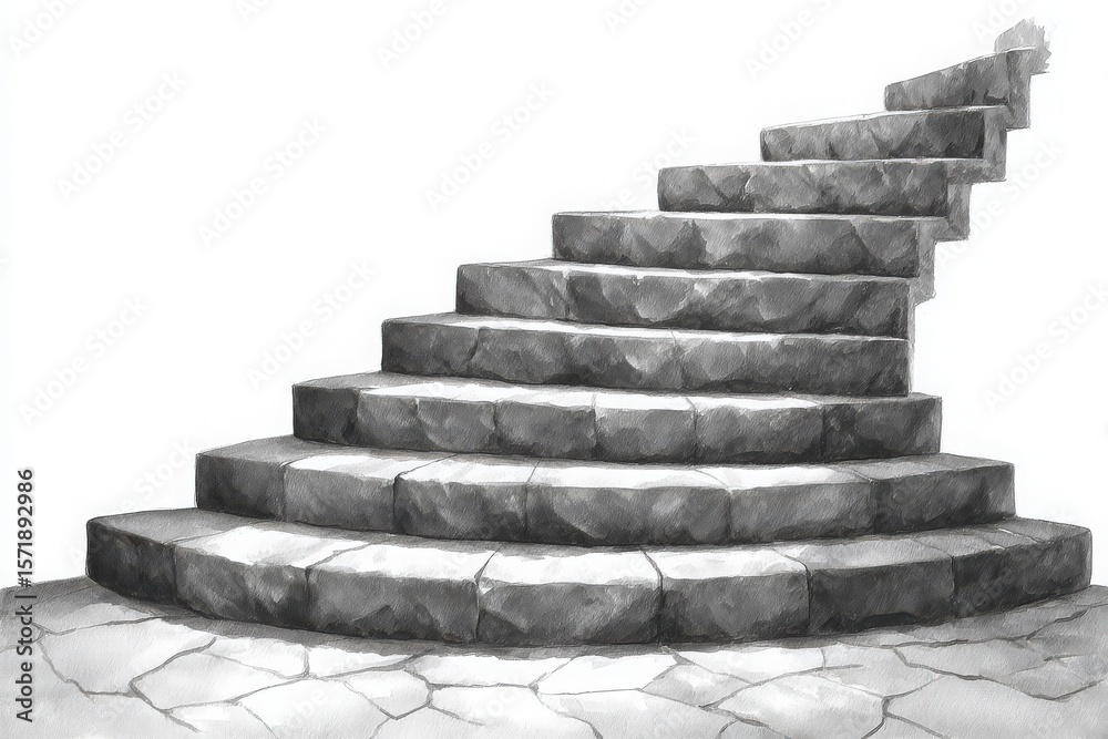 A beautifully crafted stone staircase winds gracefully upward, featuring a circular shape. The staircase is illuminated by soft lighting, highlighting its texture against a minimalist backdrop.