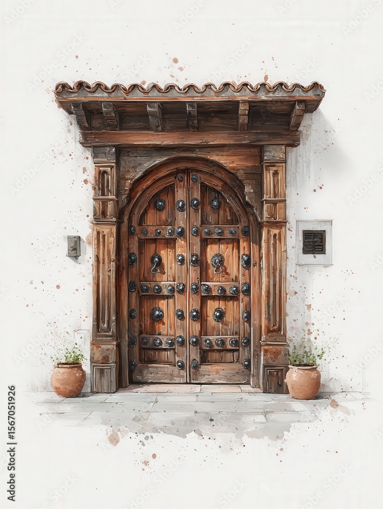 A beautifully crafted wooden door adorned with metal accents stands against a light wall. Two terracotta pots sit on either side, adding charm to the serene, sunlit space.