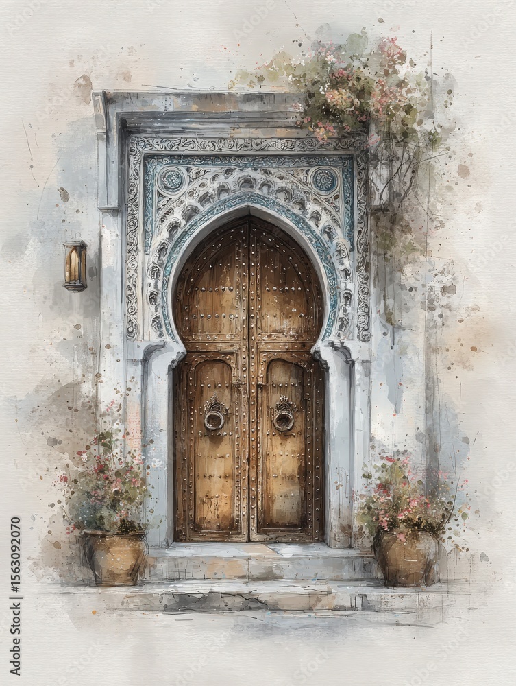 A beautifully crafted wooden door features intricate carvings and traditional bronze handles.