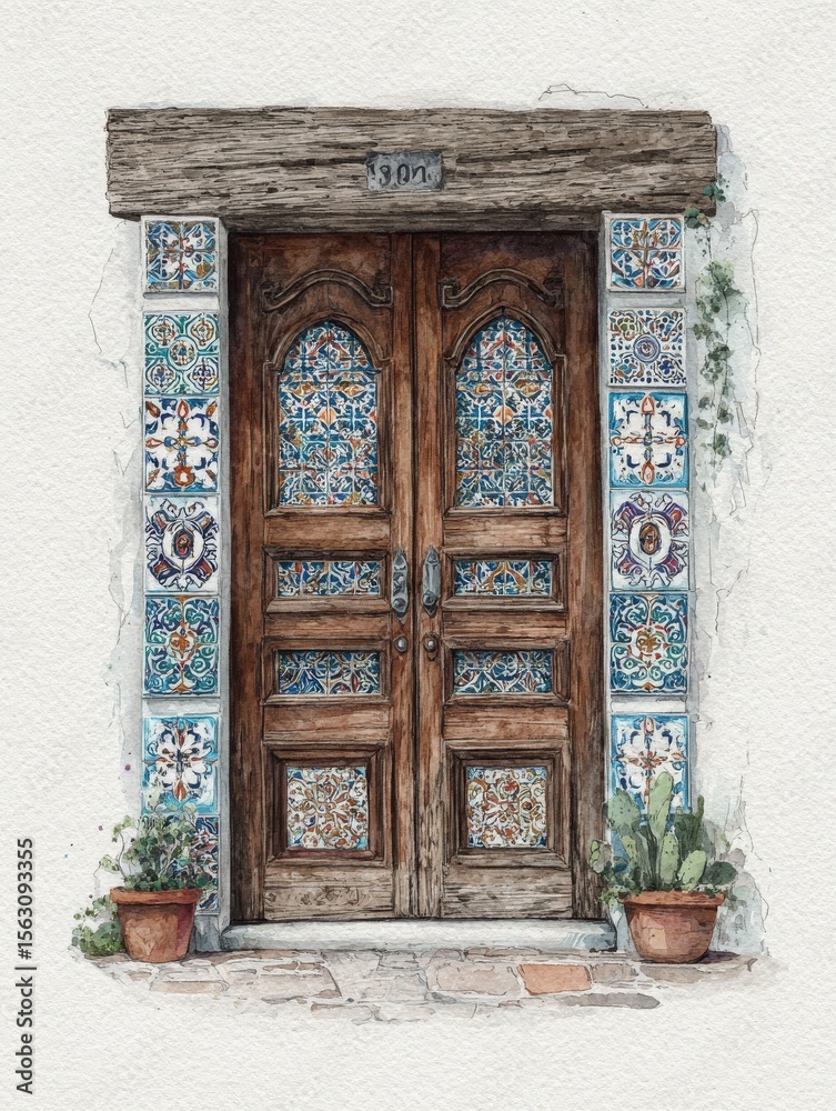 A beautifully crafted wooden door is surrounded by intricate blue and white tiled patterns. Potted plants adorn the base, adding charm and character to the vibrant entrance.