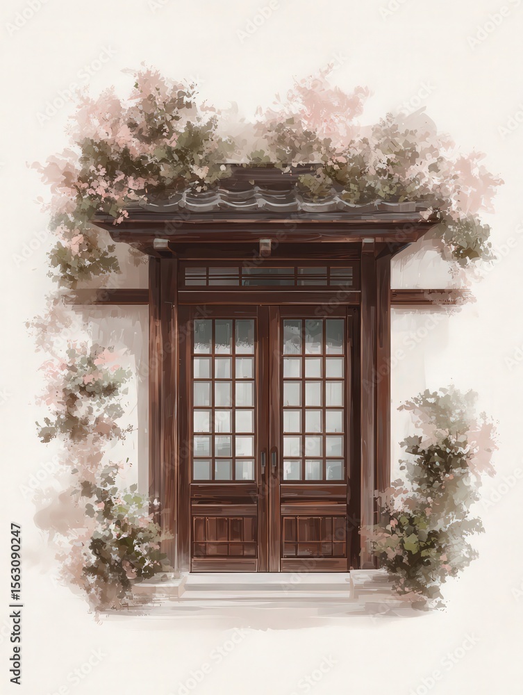 A beautifully crafted wooden door stands framed by lush, blooming vines. The serene environment creates a peaceful atmosphere, inviting exploration and admiration of natures beauty.