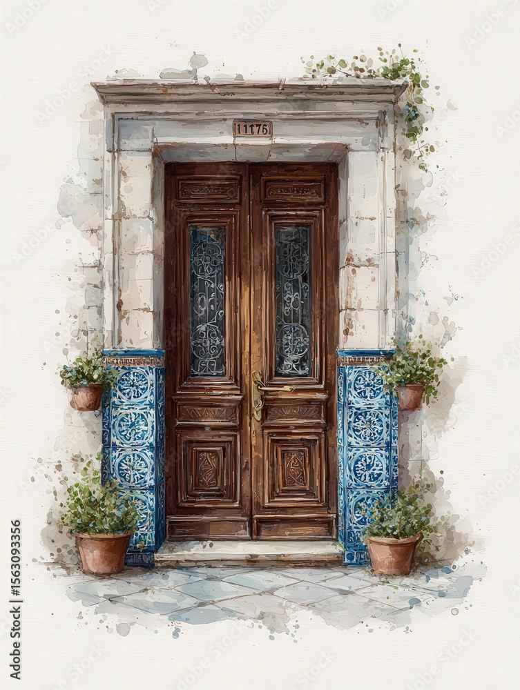 A beautifully crafted wooden door stands prominently, flanked by vibrant blue tiles and potted plants. This charming entrance adds character to the old stone building in a warm, inviting atmosphere.