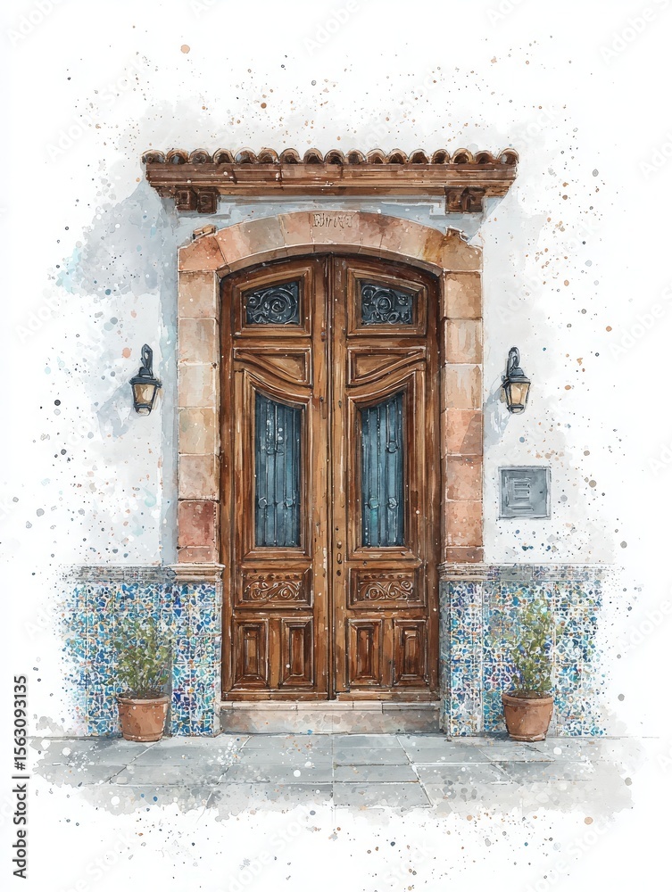 A beautifully crafted wooden double door is set against a white wall, surrounded by decorative blue tiles and potted plants.