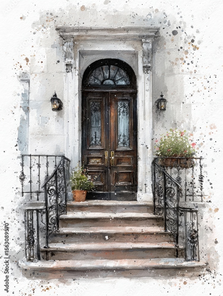 A beautifully designed entrance features elegant double doors and intricate wrought iron railings. Potted flowers adorn the stairs, creating a welcoming atmosphere in a peaceful residential area.