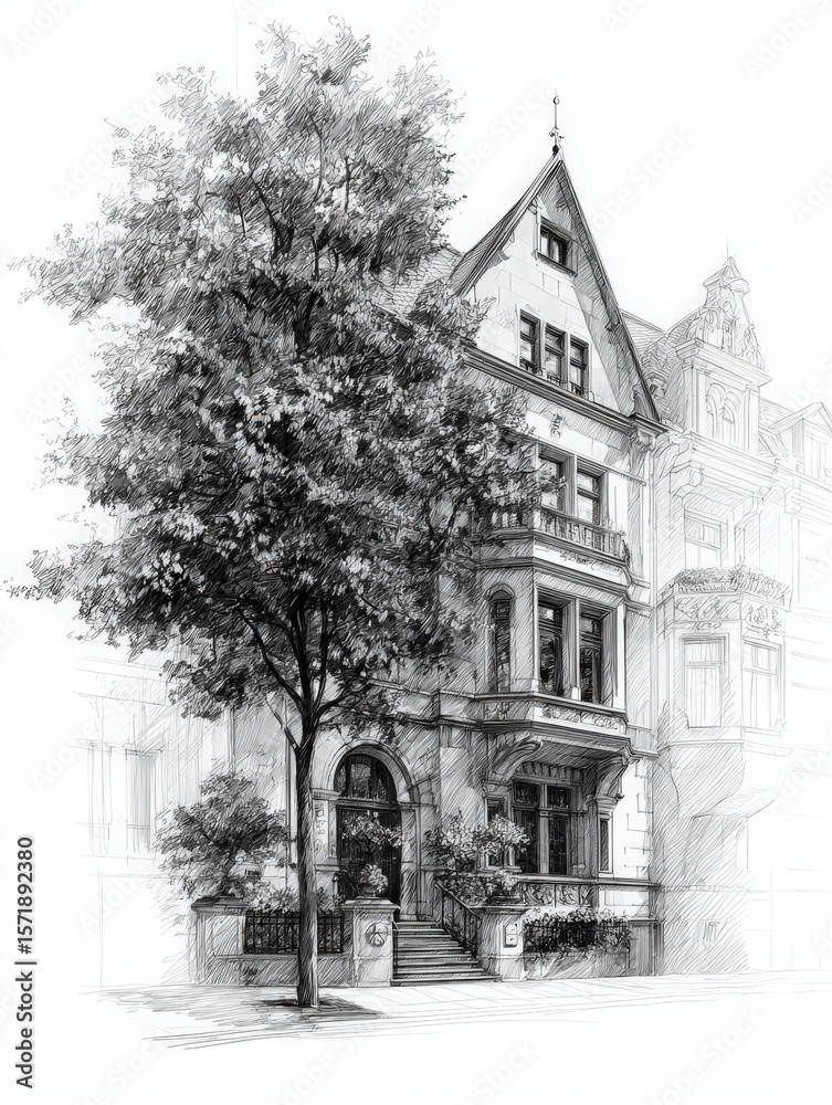 A beautifully detailed architectural sketch of an old building, featuring intricate designs and a prominent tree in front. The setting exudes classic charm, showcasing the structures elegance.