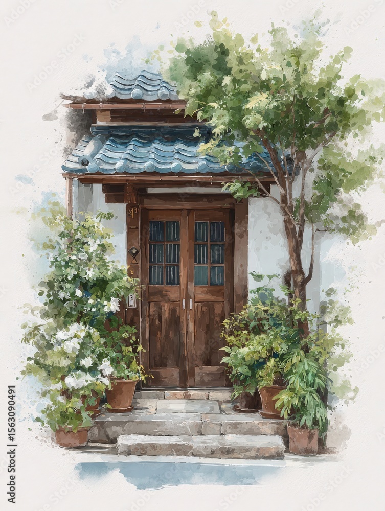 A beautifully detailed wooden door stands at the entrance of a quaint building. Lush plants and flowers enhance the warm atmosphere, presenting a serene and inviting entryway.